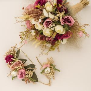 Rustic Pink and Ivory Bridal Bouquet Set – Wedding Bouquet, Boutonniere & Floral Crown