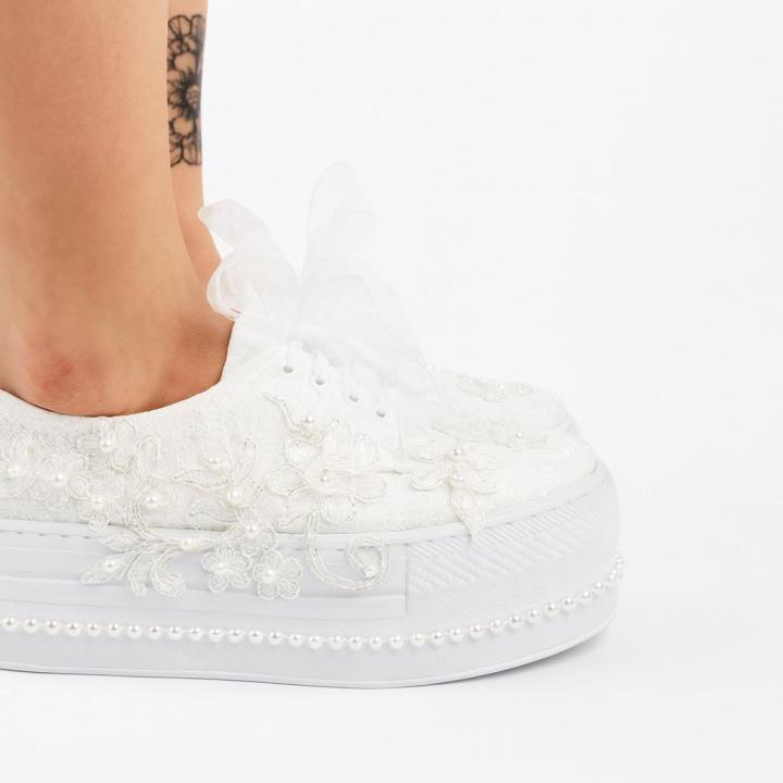 Bridal Lace & Pearl Platform Sneakers – Comfortable Wedding Shoes