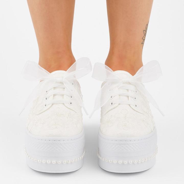 Bridal Lace & Pearl Platform Sneakers – Comfortable Wedding Shoes